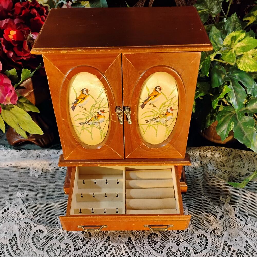 Vintage Wood Jewelry Box Armoire w/ Birds on Oval Panels Mirrored Cabinet Drawer